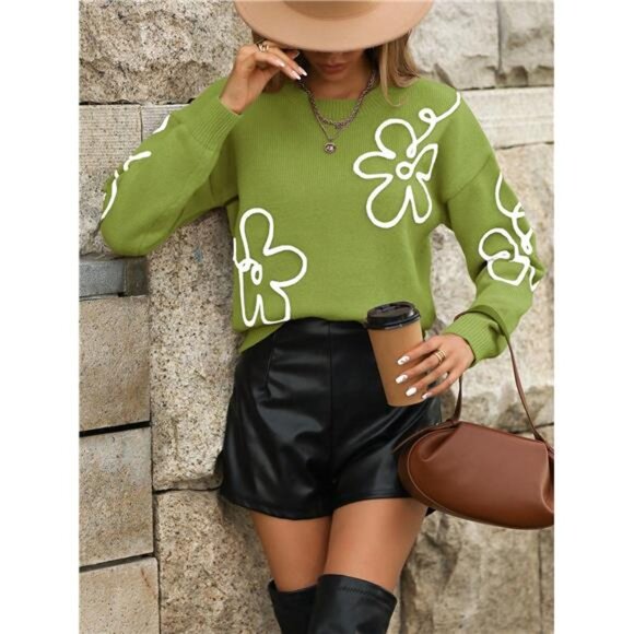 NEW - Floral Patched Drop Shoulder Sweater,Long Sleeve Tops Knit Pullover - Picture 6 of 8